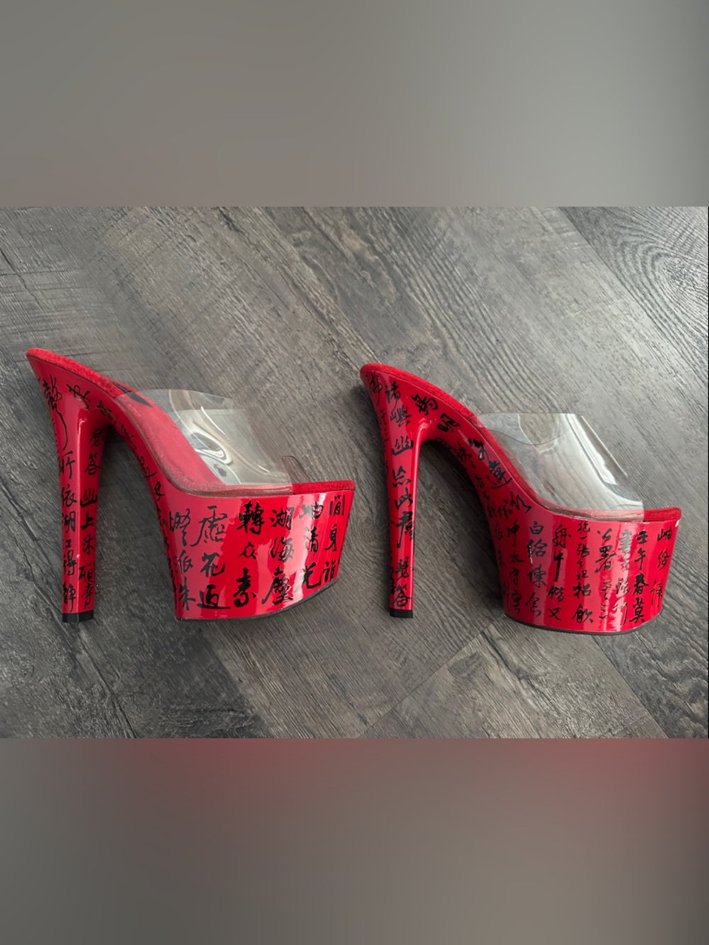 Pleaser Red Suede Platform Heels with Clear Strap - Picture 2 of 4